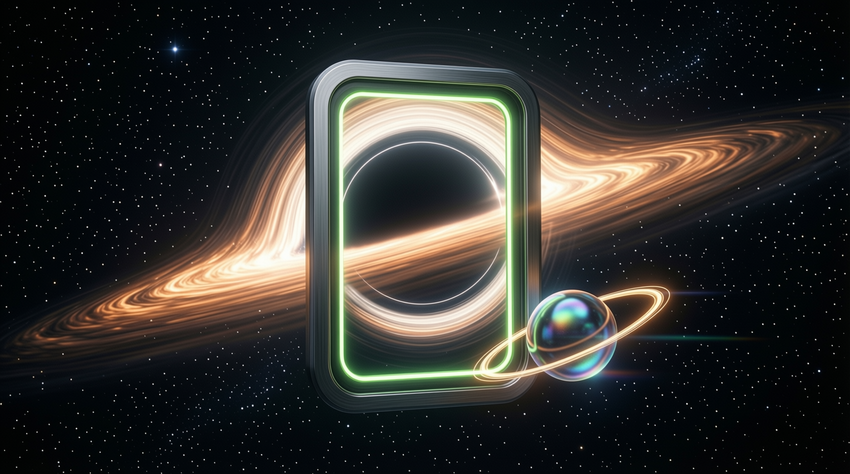 A sleek rectangular gateway frame floating in space in front of a black hole with a glowing accretion disk, with a small luminous, ringed orb of intelligence beside it.