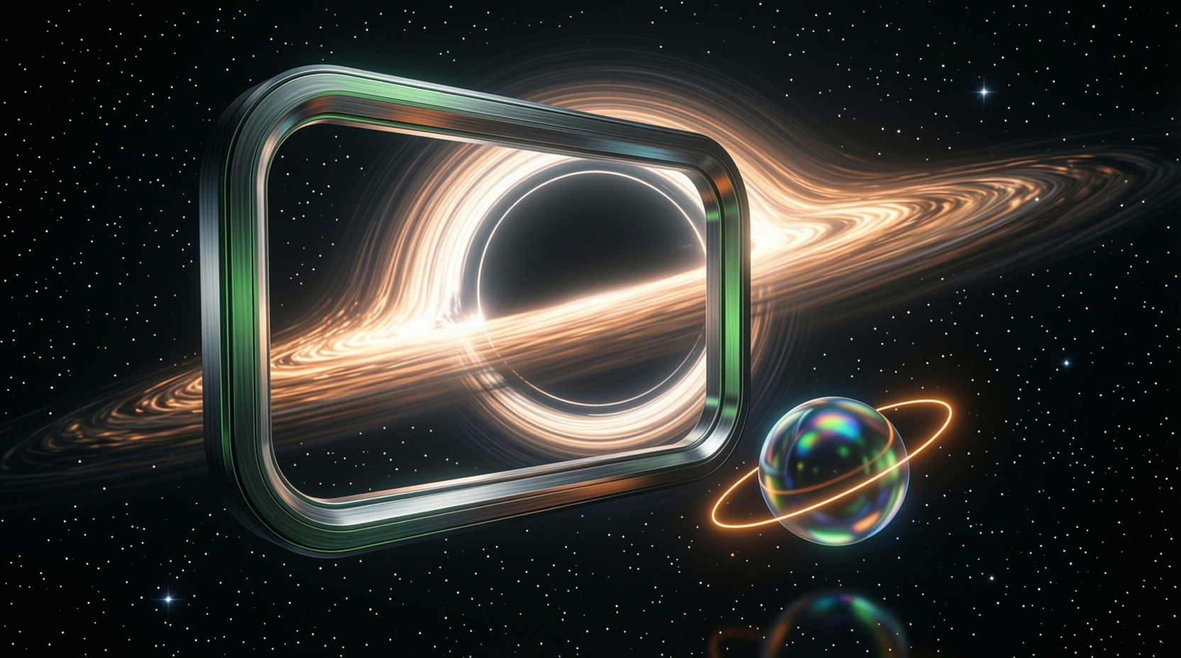 The same sleek gateway frame tilted in space in front of the black hole, a small luminous orb of intelligence near it, with warm accretion light.