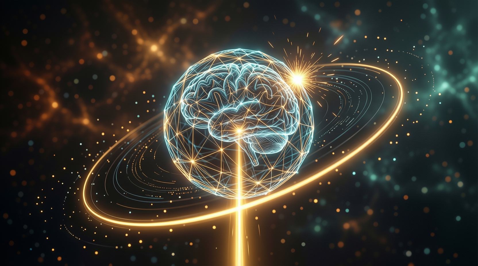 A luminous sphere of glowing neural intelligence in deep space, fed by a single radiant golden energy pulse, small rings and particles of compute drifting around it.